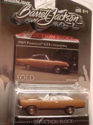 Greenlight Barrett Jackson Auction Block Detailed Diecast 1969 Plymouth GTX Convertible Haze Bronze Open Hood White Letter Rubber Tread Rep