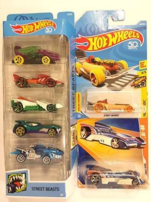 Generic Hot Wheels 2018 Street Beasts 5-Pack: Dragon, Hammer Down, Preying Menace, Howlin' Heat and Sharkruiser & BONUS: Hot Wheels 2018 50th Anniversary Street Wiener & Hot Wheels RD-10 Track Stars