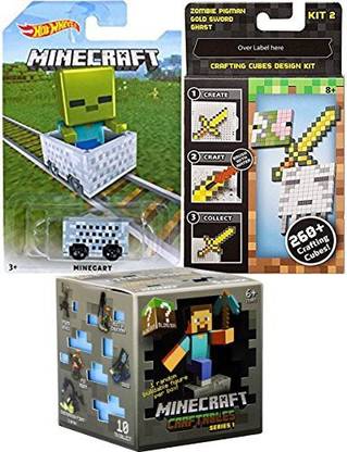 AYB Products MineCart Hot Wheels ride-on Cube Box car + Minecraft Craftables Blind Box Series 1 Mystery mini Buildable Figure & Crafting Cube