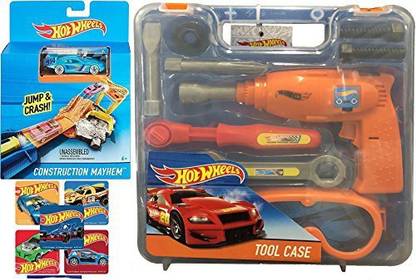 AYB Products Hot Wheels Tool Kit Case Fun Pack Jump & Crash Construction Mayhem car & Tools wrench / screwdriver / Drill with Bonus Racing St