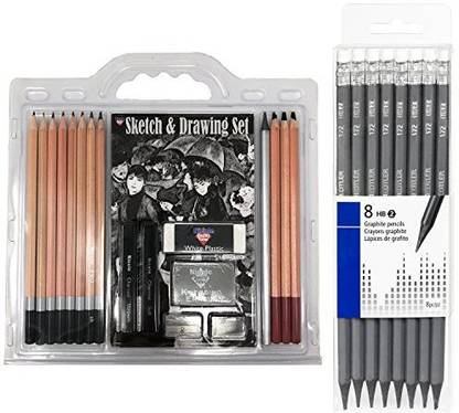 Generic Sketching/Drawing Essential Pencil Set 18 Pc 2022; Includes Graphite and Charcoal Pencils, Erasers and sharpeners 2022; For Begi