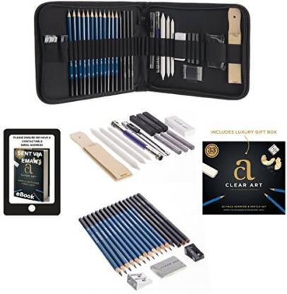 Generic Professional Art Kit - Sketching & Drawing Set - Art Supplies - 33 - piece set with case - Pencils - Graphite - Charcoal - Erase