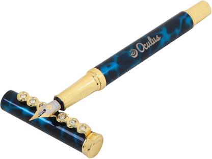 Oculus Granite Marble-2318 Limited Edition Unique Diamond Studded Golden Clip with Sea Green & Black Combination Marble Finish Metallic Fountain Pen