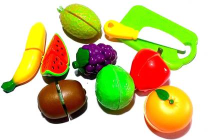 ओम Nawani Realistic Sliceable 8 Pic Fruits 1 Knife and Cutting Try Play Toy Set, Can Be Cut in 2 Parts, Assorted