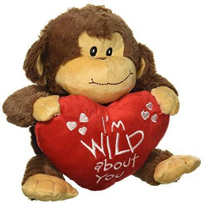 2PO Brown Plush Valentine Monkey With "I'M Wild About You" Red Heart Shaped Pillow 13"  - 13 inch