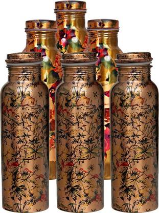 deva group of industries Printed Flower Design || Set Of 6 Copper Bottle ||Storage Water & Travelling Purpose || Each - Capacity 1050 ML|| Home Garden Hotel Restaurant Ware Good Health Benefits Indian for Indian Yoga Ayurveda Gift Item 1050 ml Bottle