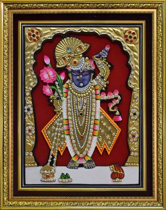 Mukund Arts Shreenathji Shrinathji Chappan Bhog(Bangla) hand wood painting gold leaf small wood painting with frame Oil 1.5 inch x 12 inch Painting