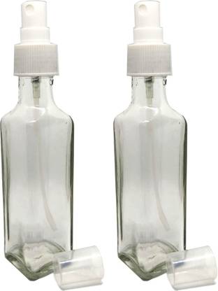 GIFTBASHINDIA Glass refillable and transperent Square Bottle with Spray Pump for Multi use, Set Of 2 Bottle