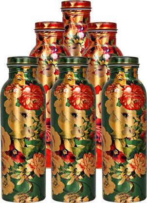 deva group of industries Printed Flower Design || Set Of 6 Copper Bottle ||Storage Water & Travelling Purpose || Each - Capacity 1050 ML|| Home Garden Hotel Restaurant Ware Good Health Benefits Indian for Indian Yoga Ayurveda Gift Item 1050 ml बॉटल