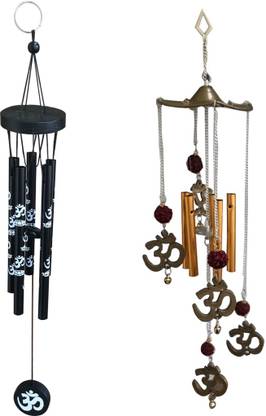 Ryme Feng Shui Om Printed Black 5 pipes Wind Chime & Om Rudraksh 5 Pipes Brass Windchime