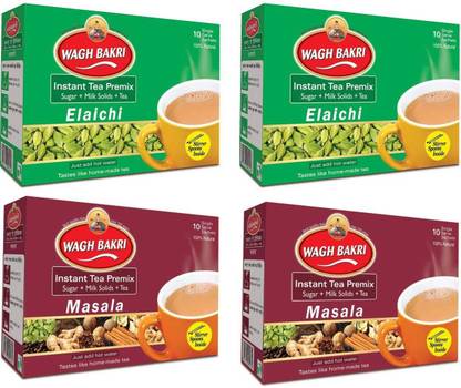 Waghbakri Instant Tea Premix Elaichi & Masala 140 g (2 Units Each) Combo Cardamom Black Tea Bags Box