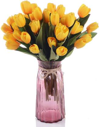 FOURWALLS Beautiful Decorative Artificial Tulip Flower Bunch for Home d�cor (40 cm Tall, 9 Heads, Yellow, Set of 3) Yellow Tulips Artificial Flower