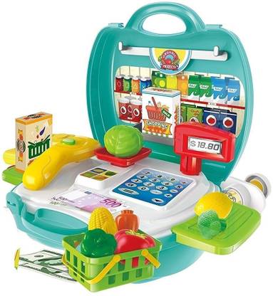 Decor Express Supermarket Cash Counter Suitcase Pretend and Play Set - 23 Pcs Set for Kids