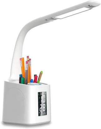 Felcon Led Desk Lamp with USB Charging Port Screen Calendar Temperature Dimmable Led Table Lamp with Pen Holder Alarm Clock for Student Study Reading Light Table Lamp