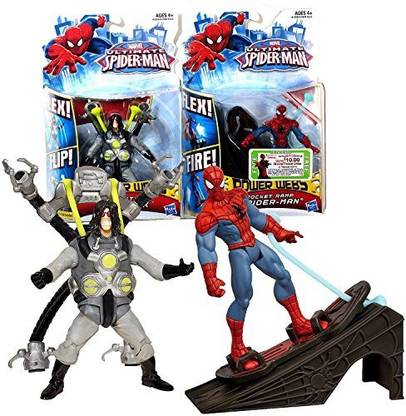 Spiderman Hasbro Year 2012 Marvel Ultimate - Power Webs Series 2 Pack 4 Inch Tall Action Figure - Flip Strike Doc Ock With Flipping Attack Plus Rocket Ramp - With Launching Hoverboard And Ramp