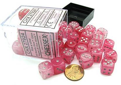 Chessex Ghostly Glow 12mm D6 Dice Block (36 Dice) -Pink with Silver Numbers