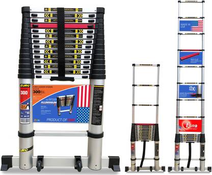 EURO Telescopic ladder 4.4 meter ( 14.6 ft ) - Stores at 3.5 ft - New 10x Stronger Sand Blasted Aluminium - Red Que safe step - Stabilizer & Wheel Kit Aluminium Ladder