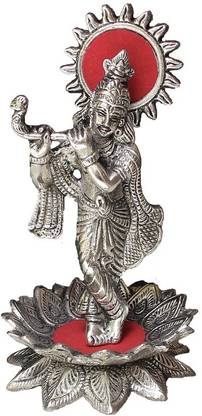 Paheli Craft Metal Lotus Lord Krishna Idol With Flute Puja Vastu Showpiece For Home Decor Gift Item (6 inch, Silver) Decorative Showpiece  -  16 cm