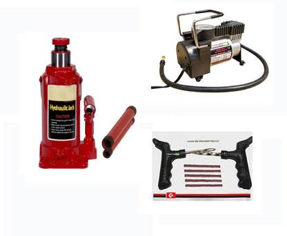 indmart 1 Ton Hydraulic Bottle Jack, 1 Tyre Puncher Kit and 1 Metallic Air Compressor Combo
