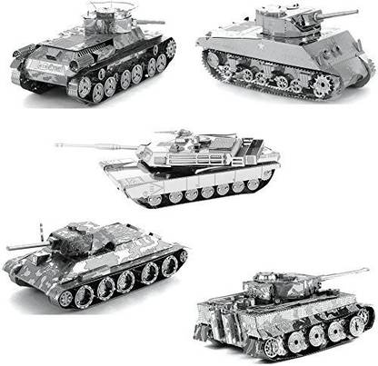 Genrc Fascinations Metal Earth Tanks 3D Metal Model Kits - M1 Abrams - Tiger 1 - T-34 - Chi-Ha - Sherman - Set of 5