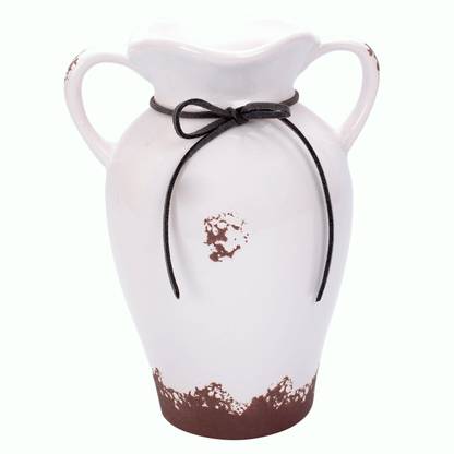scrafts Double Handle Pot Shaped Ceramic Vase With Ribbon for Office Table Décor/Home Decor/Decorative Item/Gift for Wedding Birthday annivarsary/Party Décor Size: LBH(Inches)- 5X5X6.5 Ceramic Vase