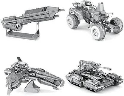 Genrc Metal Earth 3D Metal Model Kits - HALO Series 2 Assault Rifle - Forerunner Phaeton - UNSC Gungoose - UNSC Scorpion - 4 Piece Bun