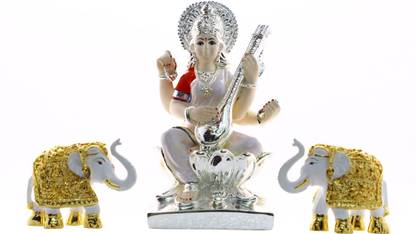 Appitech Combo of 3 One Goddess Saraswathi statue (HxWxL=18x12x8.5) with Two Gold Plated Elephants (each HxWxL=8x5x9) , Silver plated Saraswathi Idol With 2 Gold Plated elaphant set/ Goddess Saraswathi matha set Sutable for Home/ Puja room/ Office desk/ And also for for decoration Decorative Showpiece  -  18 cm