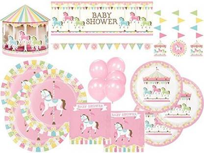 Party Creations Pink Carousel Horse Ultimate Baby Shower Tableware and Decoration Kit for 24 (101 Pcs)