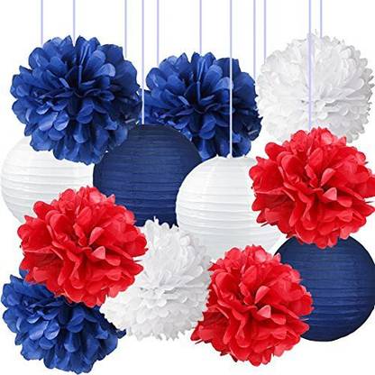 wonderfulshop Nautical Party Decor Pom Poms Tissue Paper Lanterns Navy Blue Mixed Red White Patriotic Decorations Captain America Party Suppli