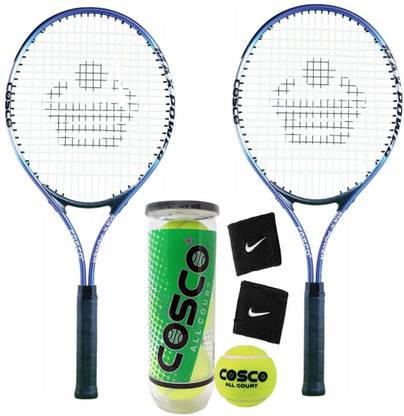 COSCO Max Power Tennis Racquet ( Pack of 2 ) With Tennis Ball " All Court " ( Pack of 3 Balls ) and 1 Pair Wrist Band Tennis Kit