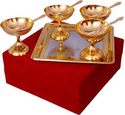 Adiidev Silver Gold Plated Ice Cream Set With Box Brass Decorative Platter
