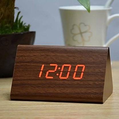 BINCY Digital Triangle Wooden Digital LED Desk Alarm Clock with Sound Sensor and Temperature display Brown Clock