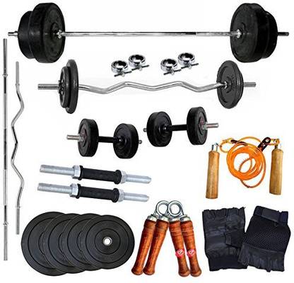 HARD ROCK 10 kg 10 KG HOME GYM COMBO 2 KG 4 RUBBER PLATES + THREE FEET CURL + STRAIGHT , BAR Home Gym Combo