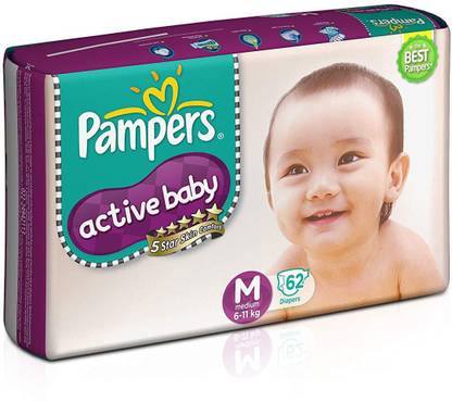 Pampers Active Baby Medium Size Diapers (62 Count) - M