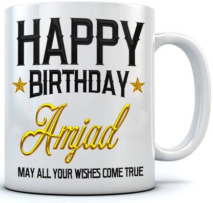 RAMPOSH Happy Birthday Amjad Name Printed Ceramic Coffee . 350 ml Best Gift For Birthaday. Ceramic Coffee Mug