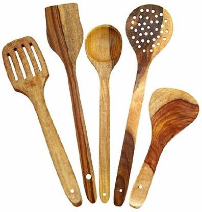 Worthy Fancy Shoppee Mango Wood Handcafted Spatula Ladle Spoon Set of 5 Wooden Spatula