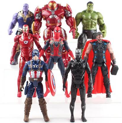 Toy Mela 8 Pcs. / Set Marvel Avengers Infinity War Thanos, Hulk, Iron Man Hulk Buster, Iron Man, Spiderman, Thor, Captain America, Black Panther LED Light On Chest And Moving Body Parts Action Figure For Kids