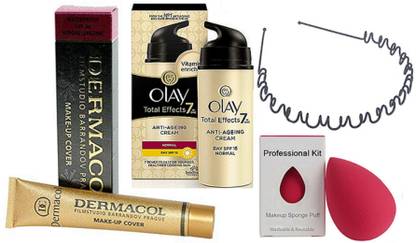 Professional kit Sponge Puff, Darmacol Make Up Cover Foundation Cream, Olay Total Effect 7 All In One, Zig Zag Hair Band