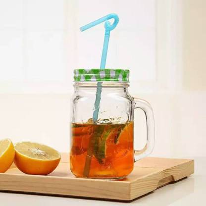 QUICK SILVER Drink Cup with Handle and Straw for Drinking Coffee, Milk, Shake Glass Mason Jar