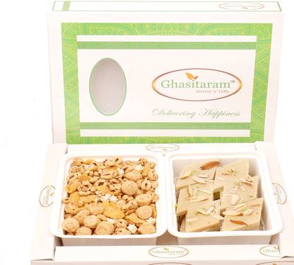 Ghasitaram Gifts Diwali Gifts - Hampers Multigrain Mix Namkeen with Sugarfree Kaju Katli Hamper Combo