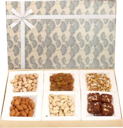 Ghasitaram Gifts Diwali Gifts - Hampers Grey 6 Part Assorted Dryfruits, Sugarfree Figs and Dates Bites and Roasted Namkeen Box Combo