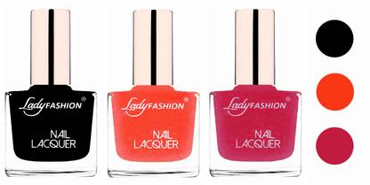 Lady FASHION Extra Shine Extra Long Stay Chip Resistant Nail Polish (Set Of 3) Black,Orange Silk,Abricoat Rose