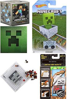 AYB Products Minecraft Crafting Kit 4 Cubes + Mini Figure Blind Box Character Figure & Hot wheels Minecart car + Creeper Sticker Bundle
