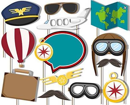 Birthday Galore Airplane Travel Time Photo Booth Props Kit - 20 Pack Party Camera Props Fully Assembled