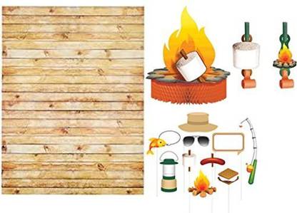 Party Creations Camp Out Happy Birthday Party Supplies Kit Camping Themed Party Favors, Photo Backdrop, Photo Booth Props & Campfire Centerpiece
