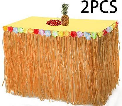 jollylife 2PCS Luau Hawaiian Grass Table Skirt Decorations - Hula Hibiscus Tropical Birthday Summer Pool Party Supplies
