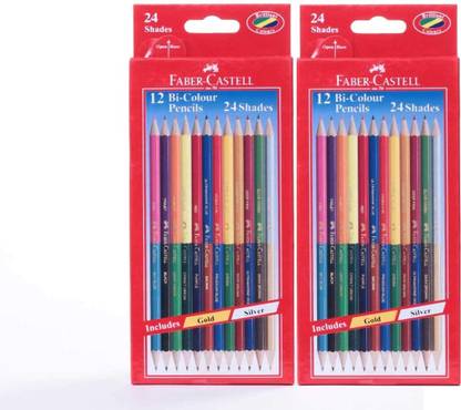 FABER-CASTELL Bi-color Pencils Pack of 2 - 24 Shades 2 Colors In 1 Includes Gold & Silver Superior Break Resistance Hexagonal Shape Shaped Color Pencils