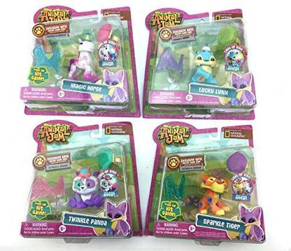 Jazwares NEW! National Geographic Animal Jam COMPLETE COLLECTION Bundle with Magic Horse, Sparkle Tiger, Lucky Lynx, and Twinkle Panda INCLUDES 4 LIGHT UP RINGS, 4 ONLINE GIFT CODES!