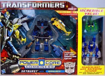 TRANSFORMERS Power Core Combiners Series Exclusive Robot Action Figure Set - Autobot SKYBURST with 4 Aerialbots (Recon Plane Drone, Combat Helicopter Drone, Chopper Drone and Fighter Jet Drone) Plus Bonus SEARCHLIGHT with Mini-Con BACKWIND