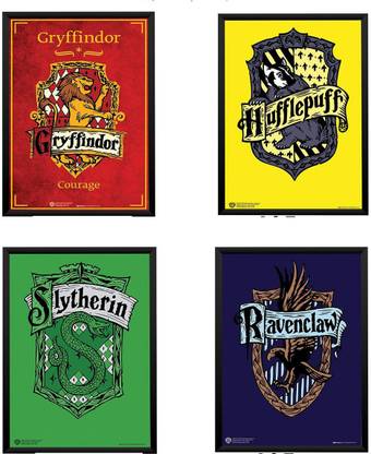 WB Official Licensed Harry Potter Set of 4 Houses Gryffindor Hufflepuff Slytherin Ravenclaw Poster A4 Frame Paper Print